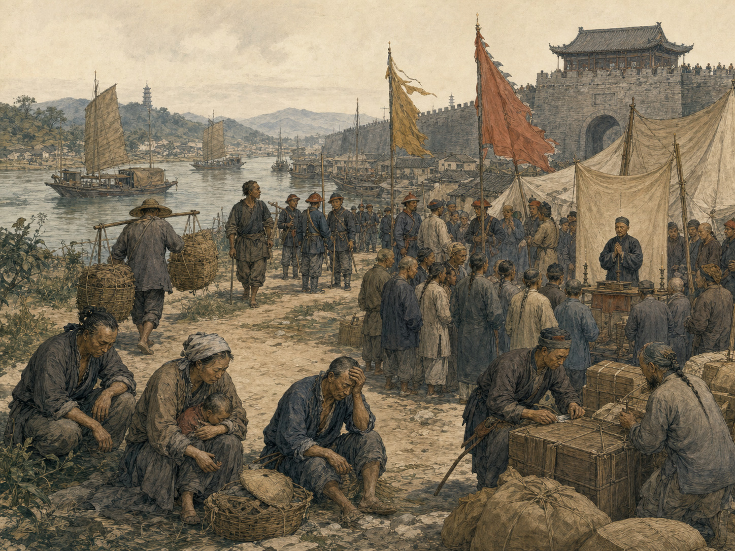Exhausted residents rest outside a riverside city while God Worshipping adherents gather beneath a canopy
