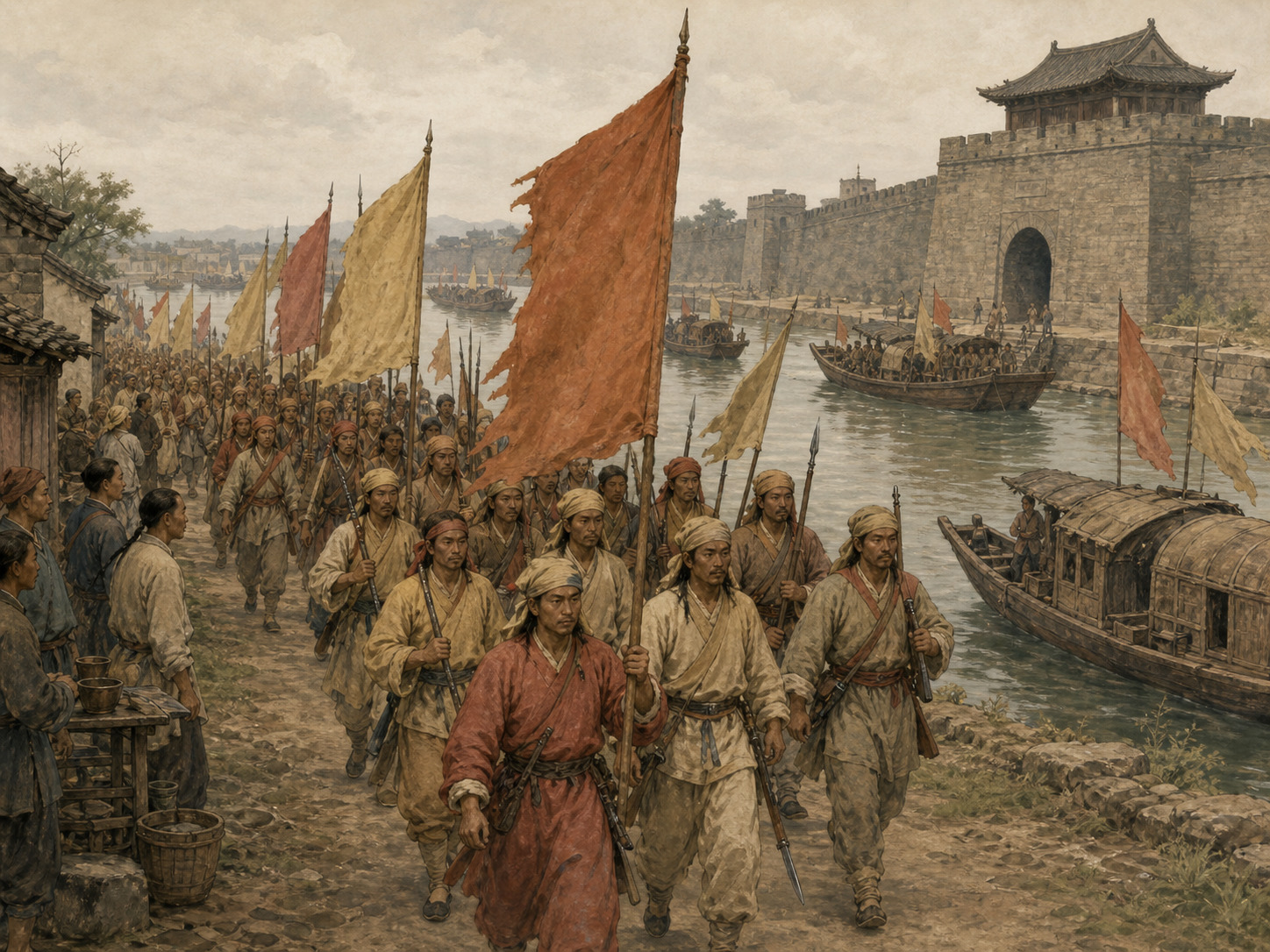 A Taiping column advances beside river traffic on the Yangtze under plain red and yellow banners