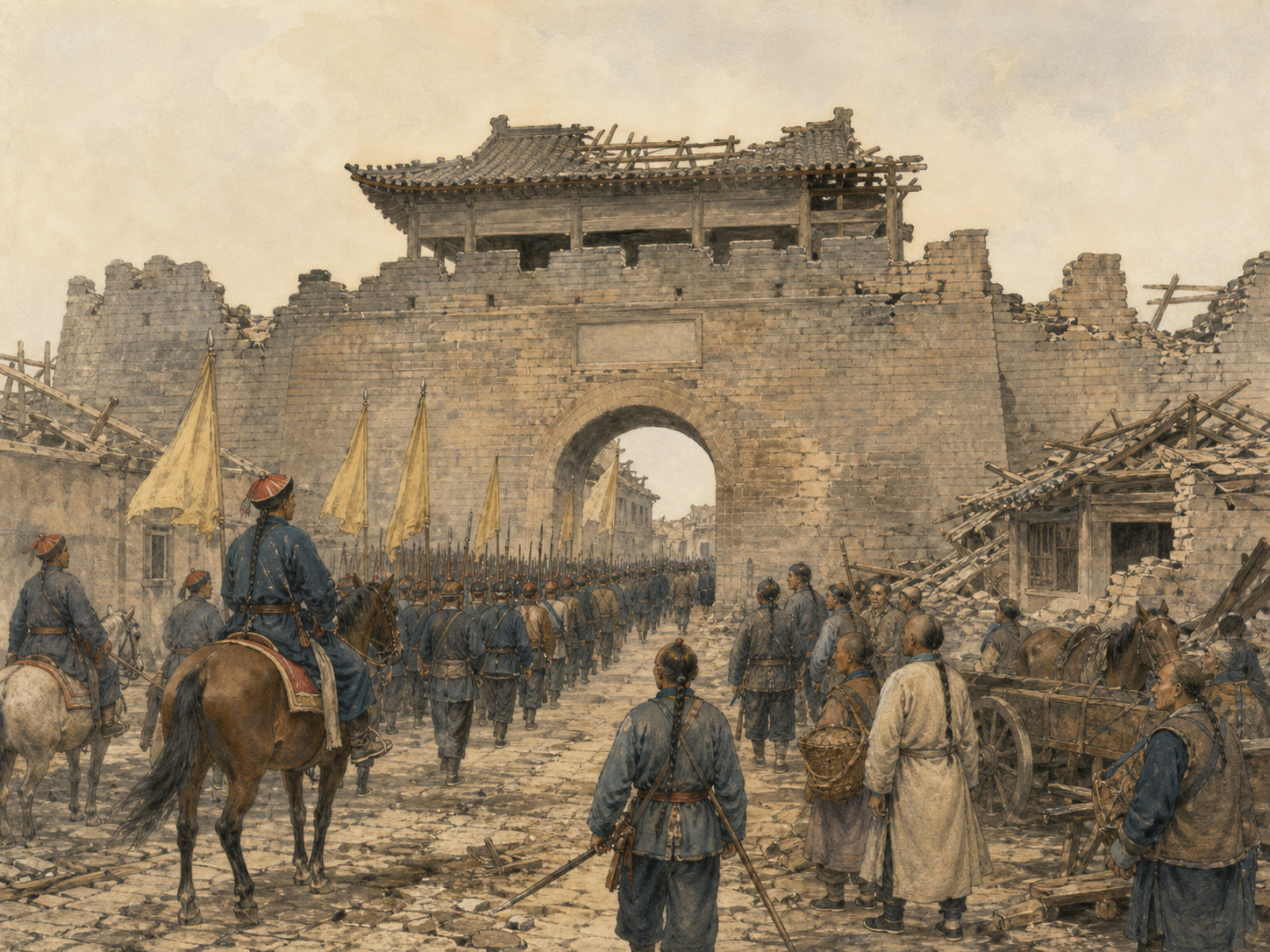 Qing troops enter Nanjing through a damaged city gate as residents watch the column pass