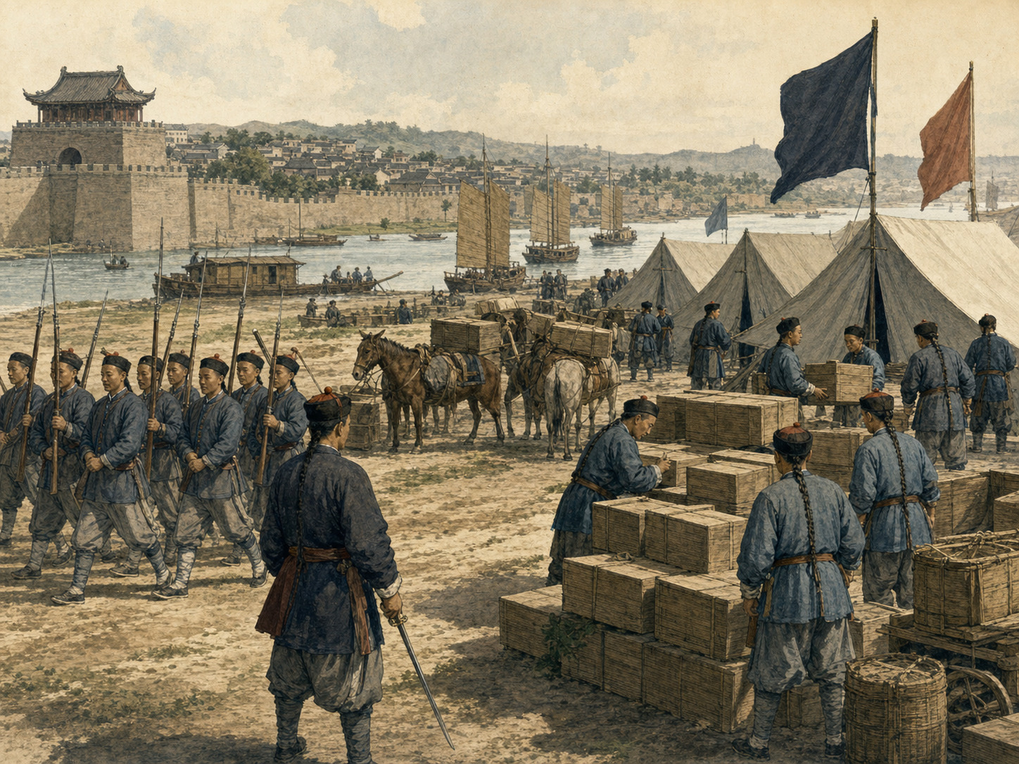 Qing regional troops drill beside a Yangtze city while pack animals and plain crates supply their riverside camp