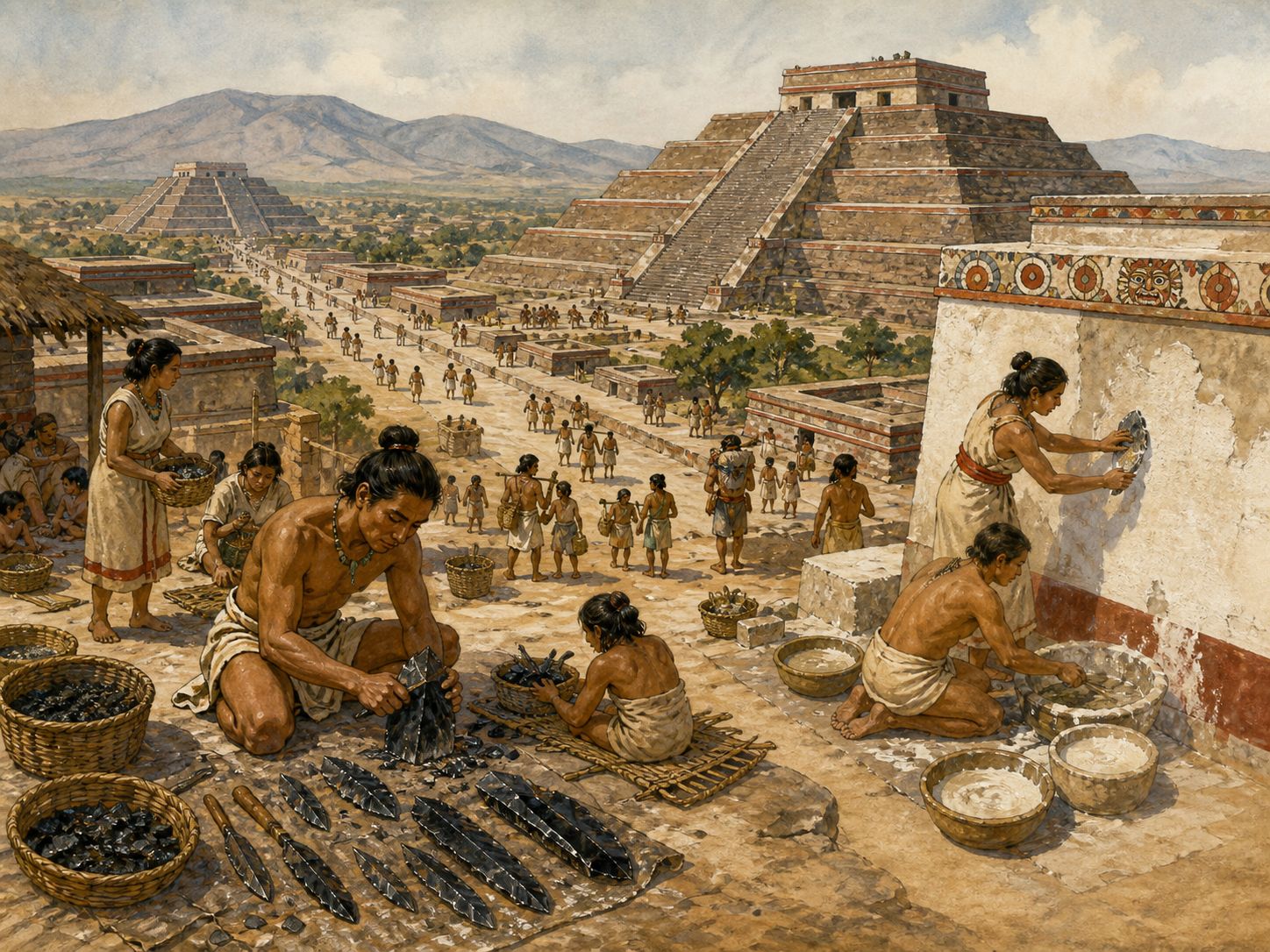 Historical reconstruction of Flourishing of Teotihuacan's background: In and around Teotihuacan (present-day Mexico), the setting took shape as Teotihuacan became one of Mesoamerica’s largest cities through urban planning, monumental pyramids, and long-distance exchange.