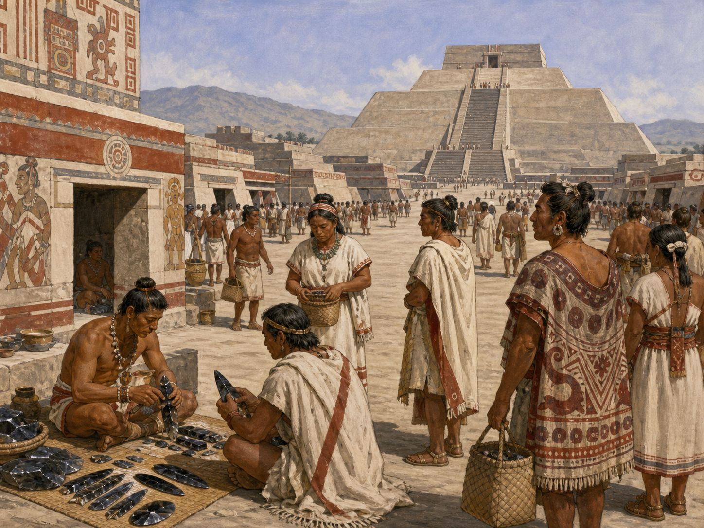 Historical reconstruction of Flourishing of Teotihuacan's central action: Teotihuacan became one of Mesoamerica’s largest cities through urban planning, monumental pyramids, and long-distance exchange.