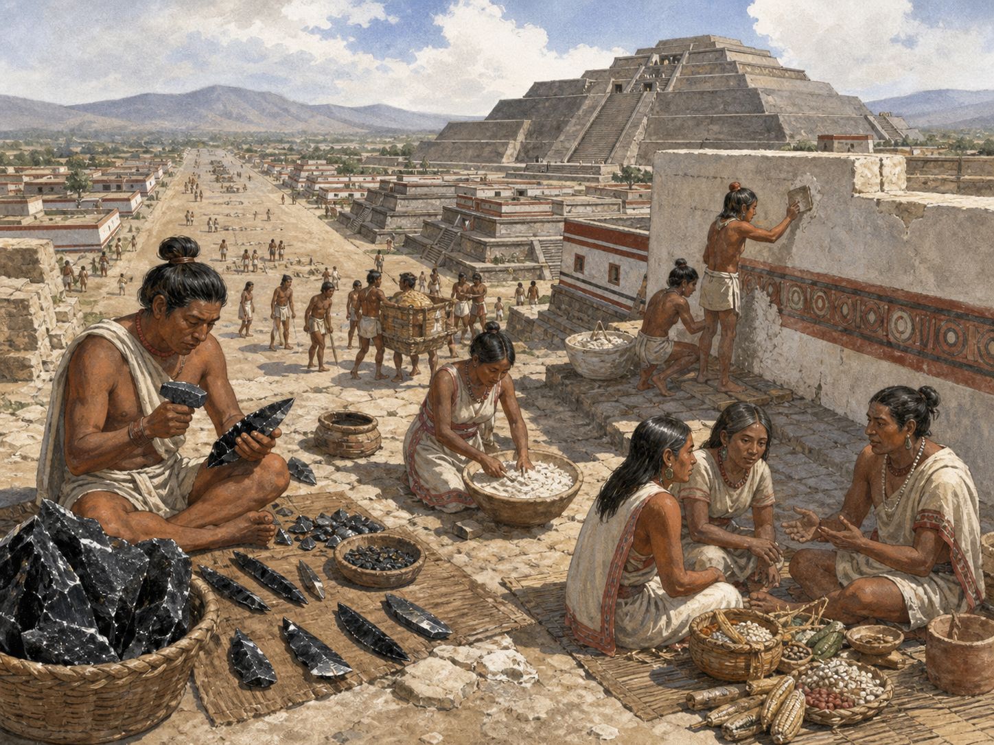 Historical reconstruction of Flourishing of Teotihuacan's immediate aftermath: Its urban landscape and craft traditions influenced later Mesoamerican societies for centuries.