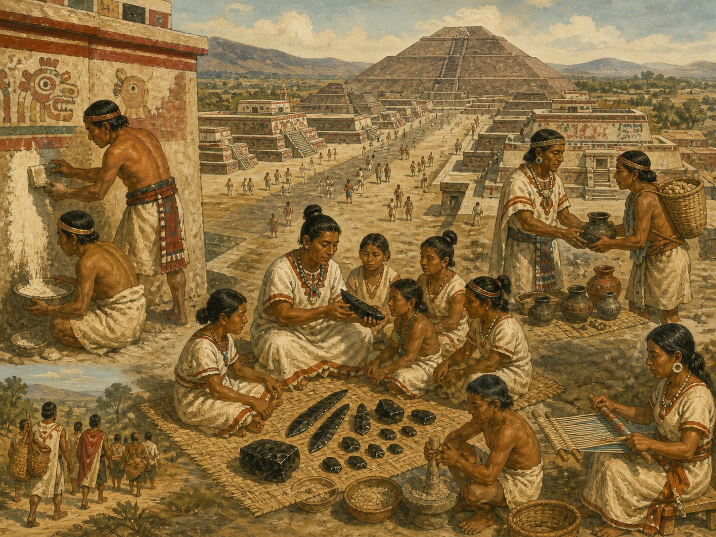 Historical reconstruction of Flourishing of Teotihuacan's long-term consequences: In the longer term, its urban landscape and craft traditions influenced later mesoamerican societies for centuries.