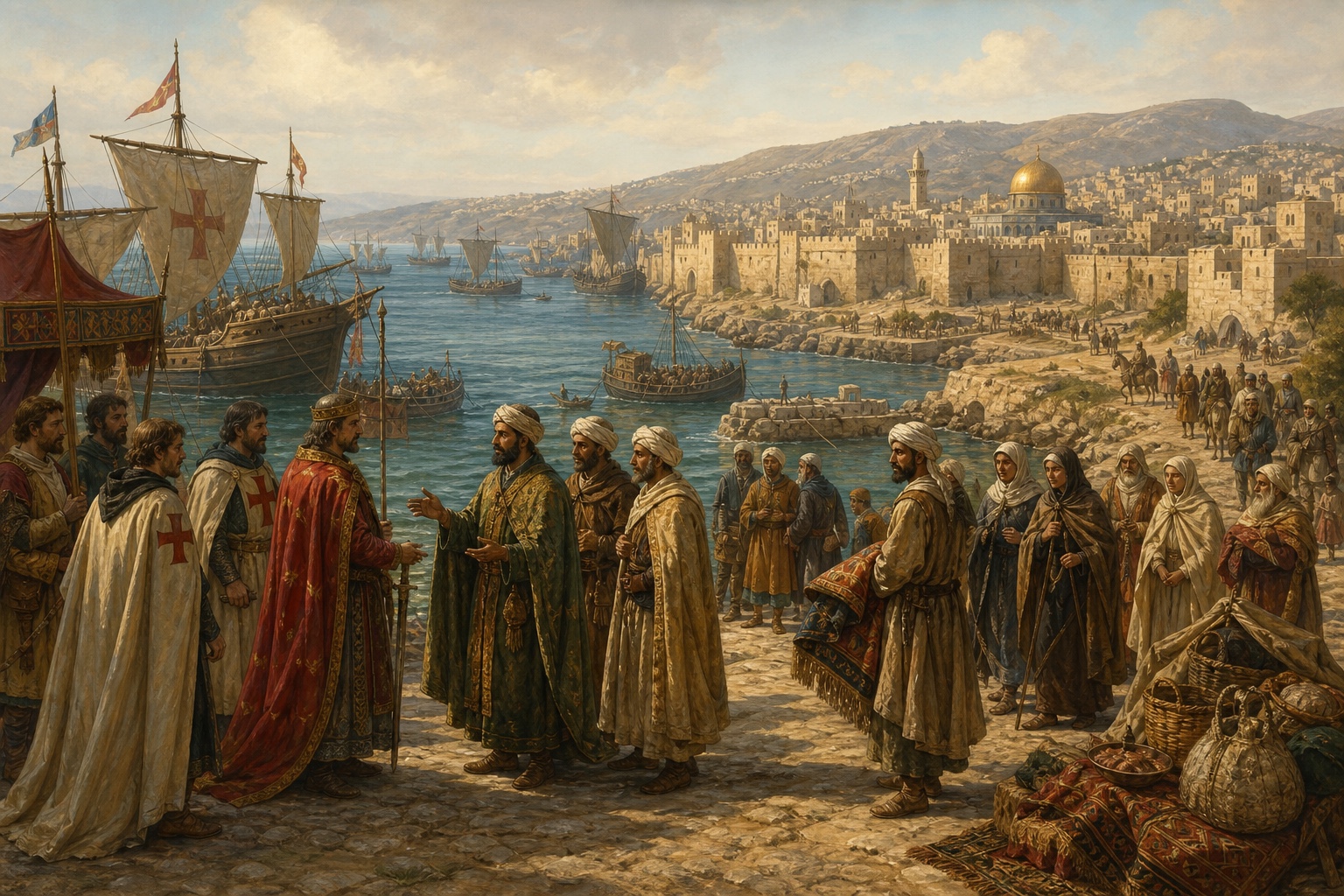Illustrated reconstruction of Crusader and Ayyubid camps spread outside the walls of Acre
