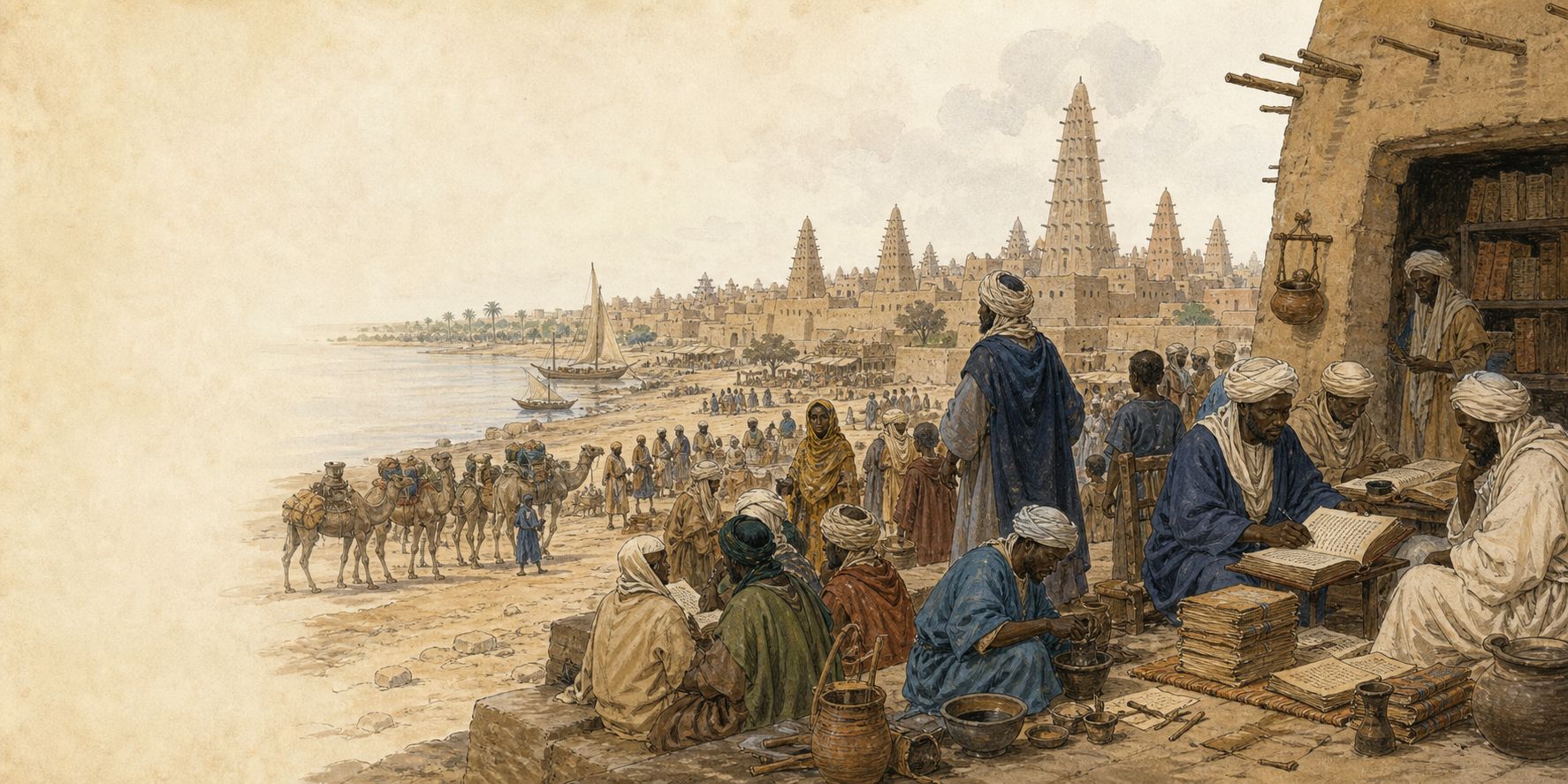 A historical reconstruction of cities, technology, and culture at Timbuktu (present-day Mali), showing the setting of Timbuktu as an Intellectual Center