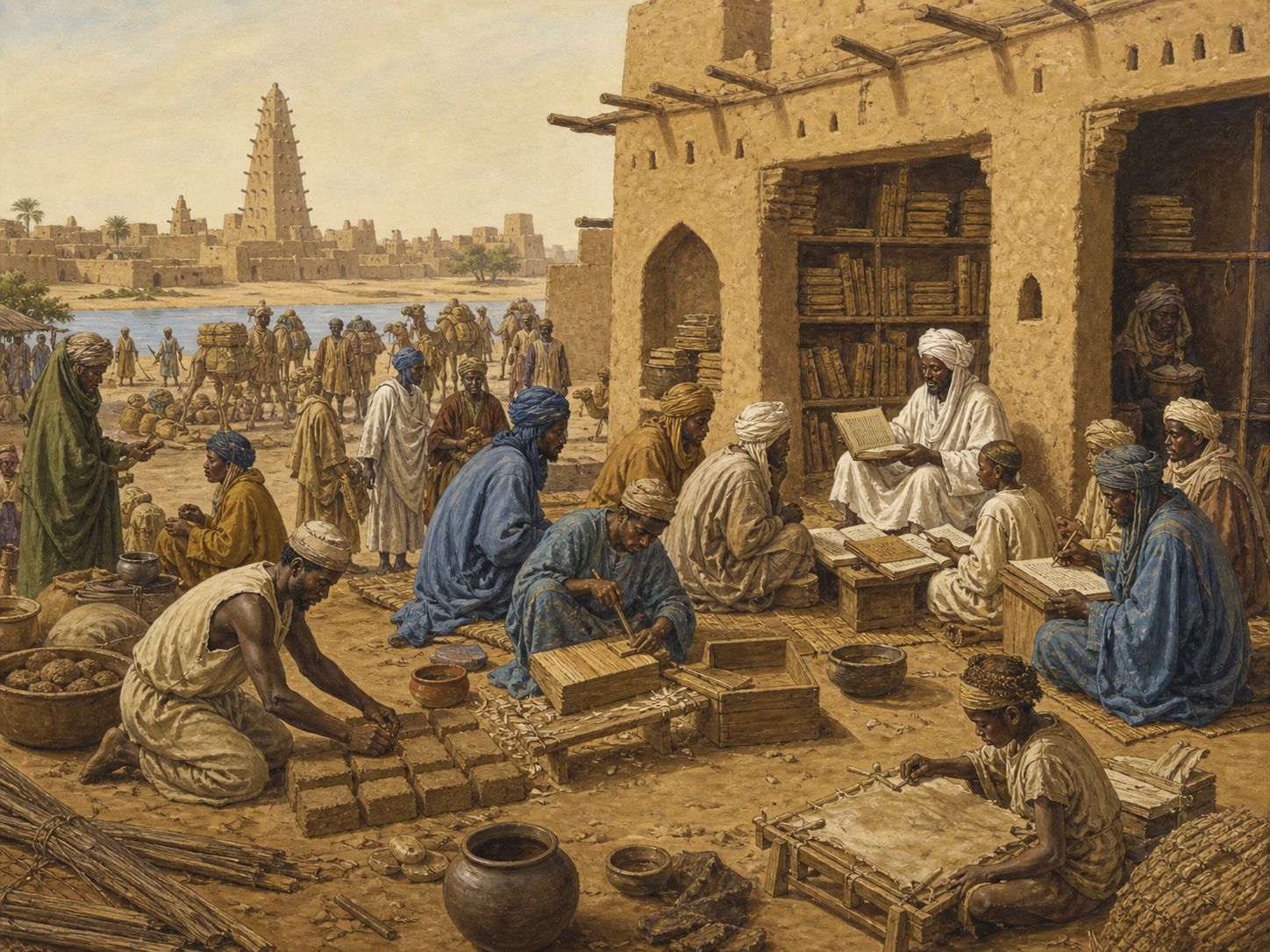 Historical reconstruction of Timbuktu as an Intellectual Center's background: In and around Timbuktu (present-day Mali), the setting took shape as At the Saharan trading city of Timbuktu, mosques, scholars, and manuscript markets supported the accumulation of Islamic law and learning.