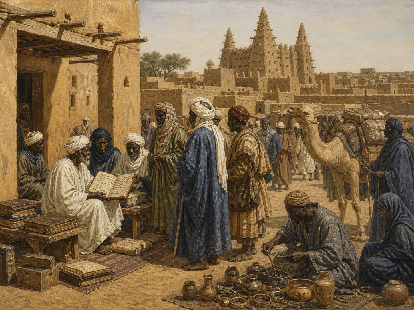 Historical reconstruction of Timbuktu as an Intellectual Center's central action: At the Saharan trading city of Timbuktu, mosques, scholars, and manuscript markets supported the accumulation of Islamic law and learning.