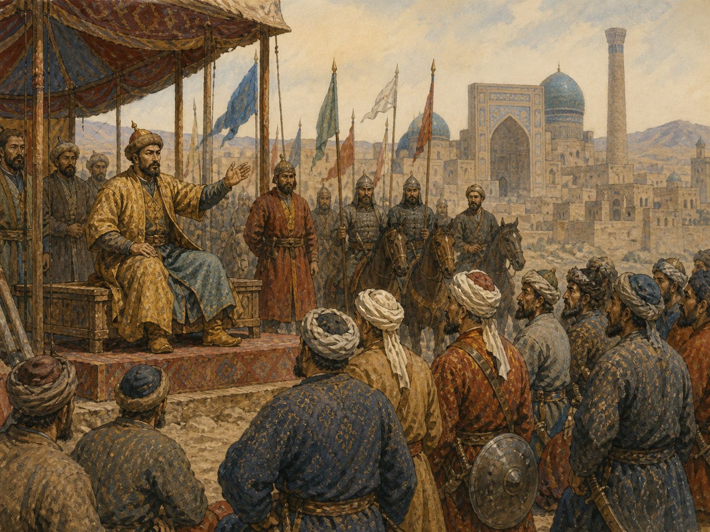 Historical reconstruction of Foundation of the Timurid Empire's central action: Timur combined marriage, alliances, and campaigns, moving armies from Transoxiana into Iran, the Caucasus, and India.