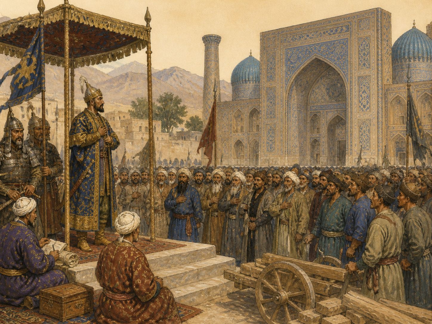 Historical reconstruction of Foundation of the Timurid Empire's immediate aftermath: Samarkand became a center of dynastic politics, architecture, and learning, whose legacy was inherited by Timur’s successors.