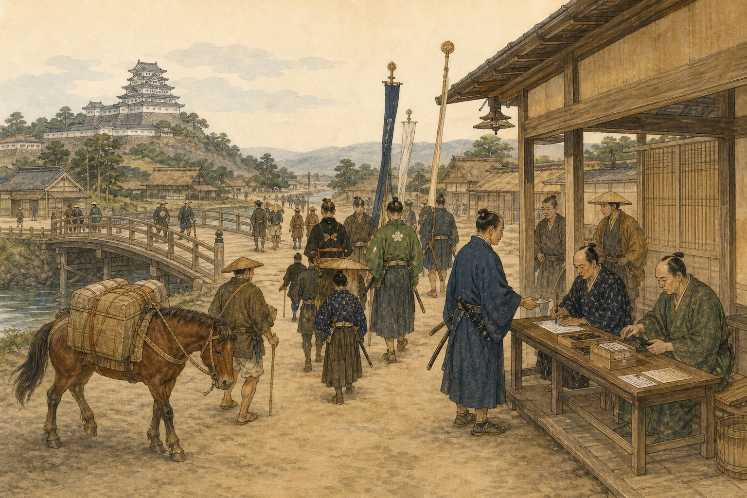 The Tokugawa order: The bakufu organized long-term rule through domains, castle towns, roads, and status order.
