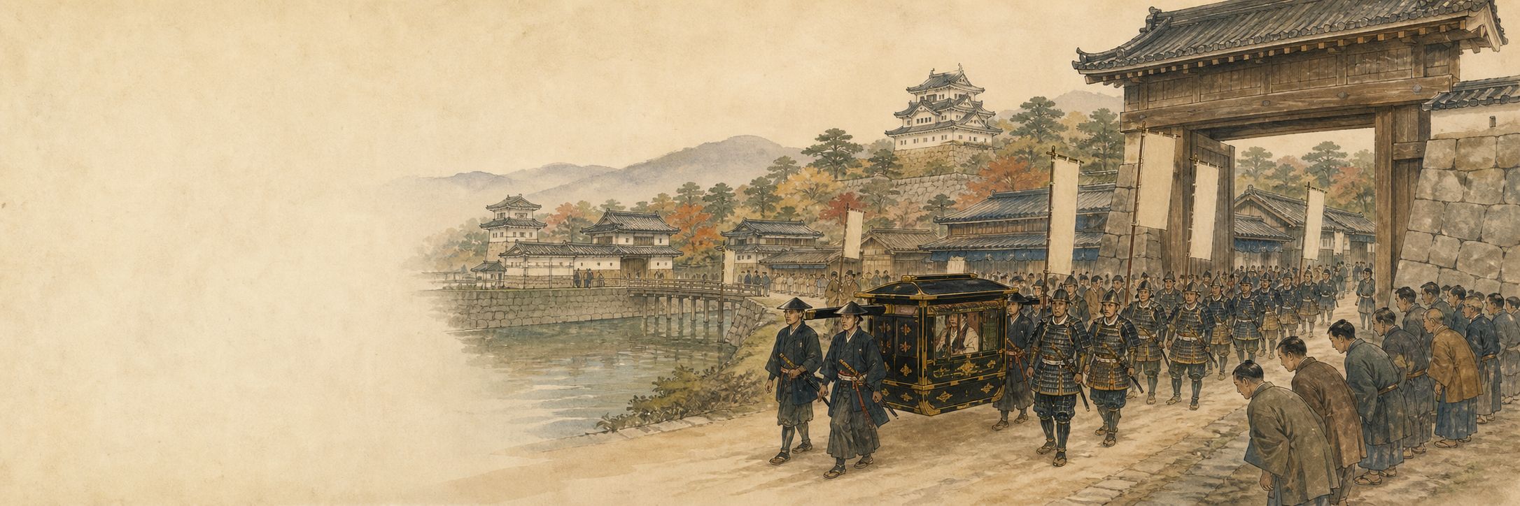 A formal Tokugawa procession entering an early Edo castle town