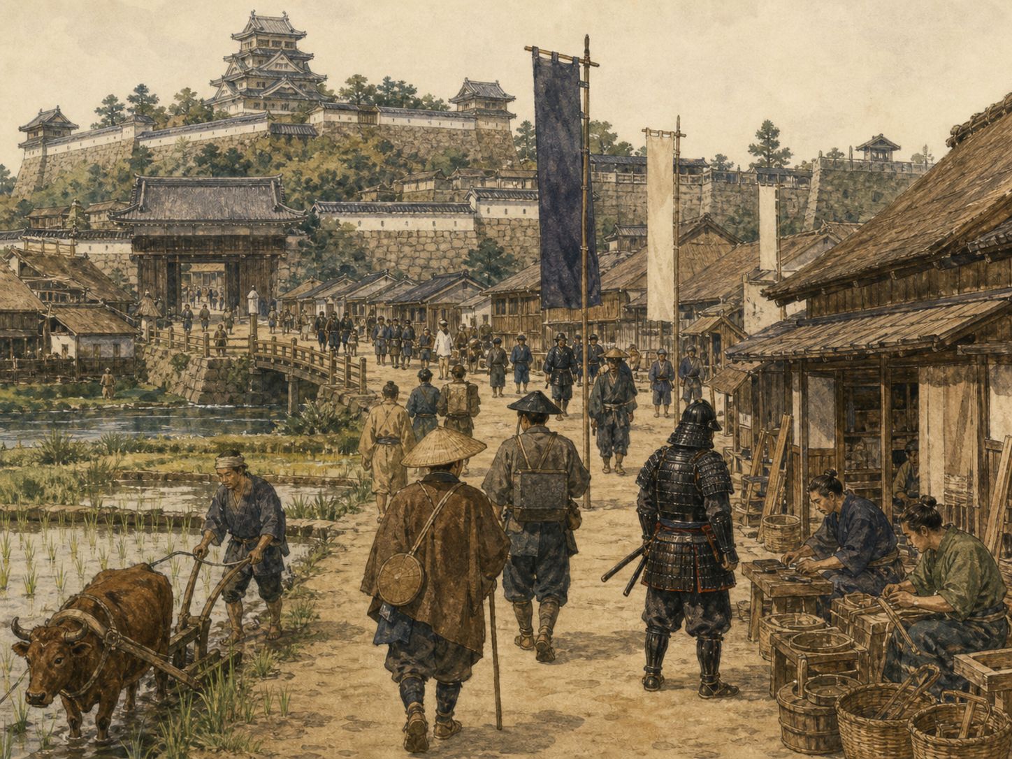Farmers, artisans, and travelers moving through a Sengoku castle town