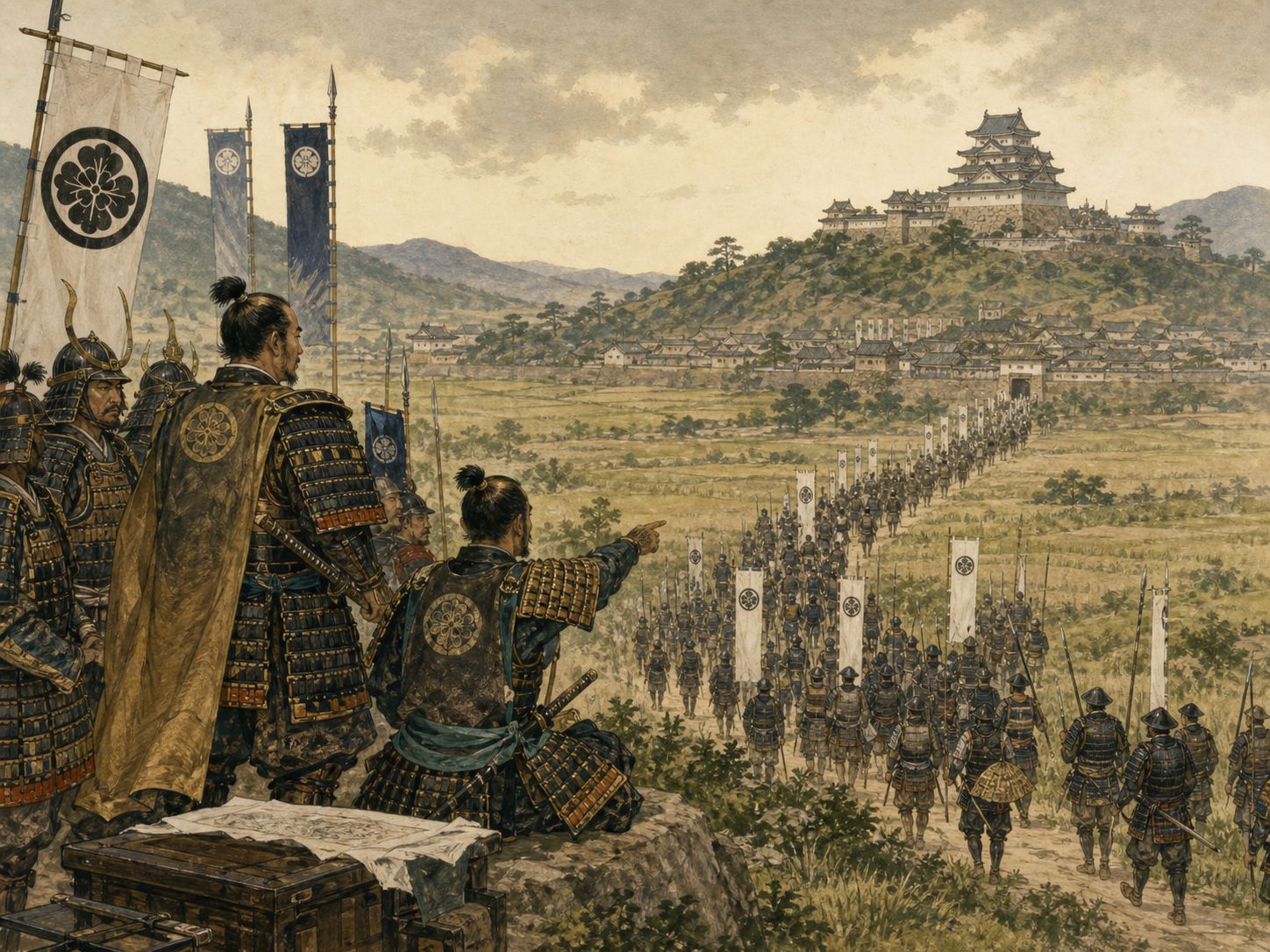 Samurai formations advancing toward a distant castle in the Sekigahara era