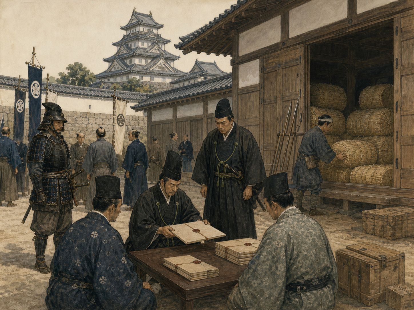 Tokugawa officials inspecting rice stores and registers