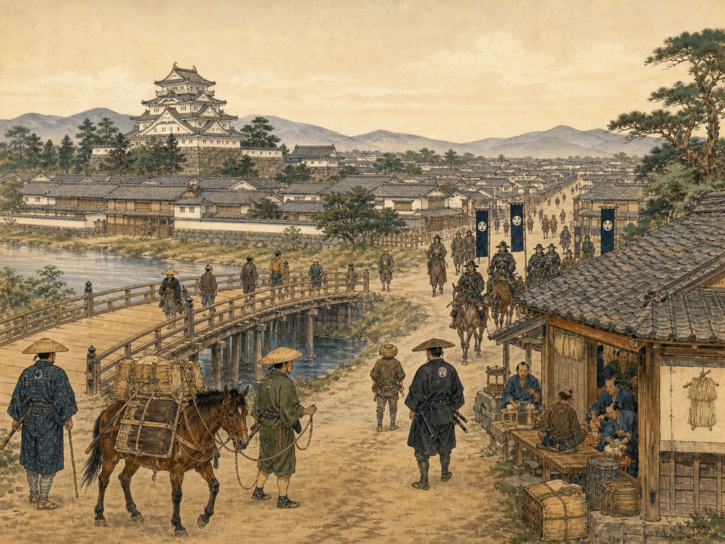 People and officials moving through an early modern post station
