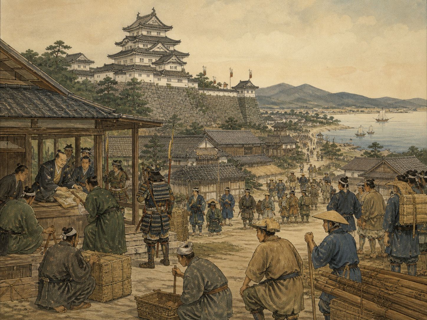 Historical reconstruction of Toyotomi Unification of Japan's background: After Oda Nobunaga’s death, Hideyoshi combined military force with castles, surveys, and diplomacy to reorder relations among daimyos.