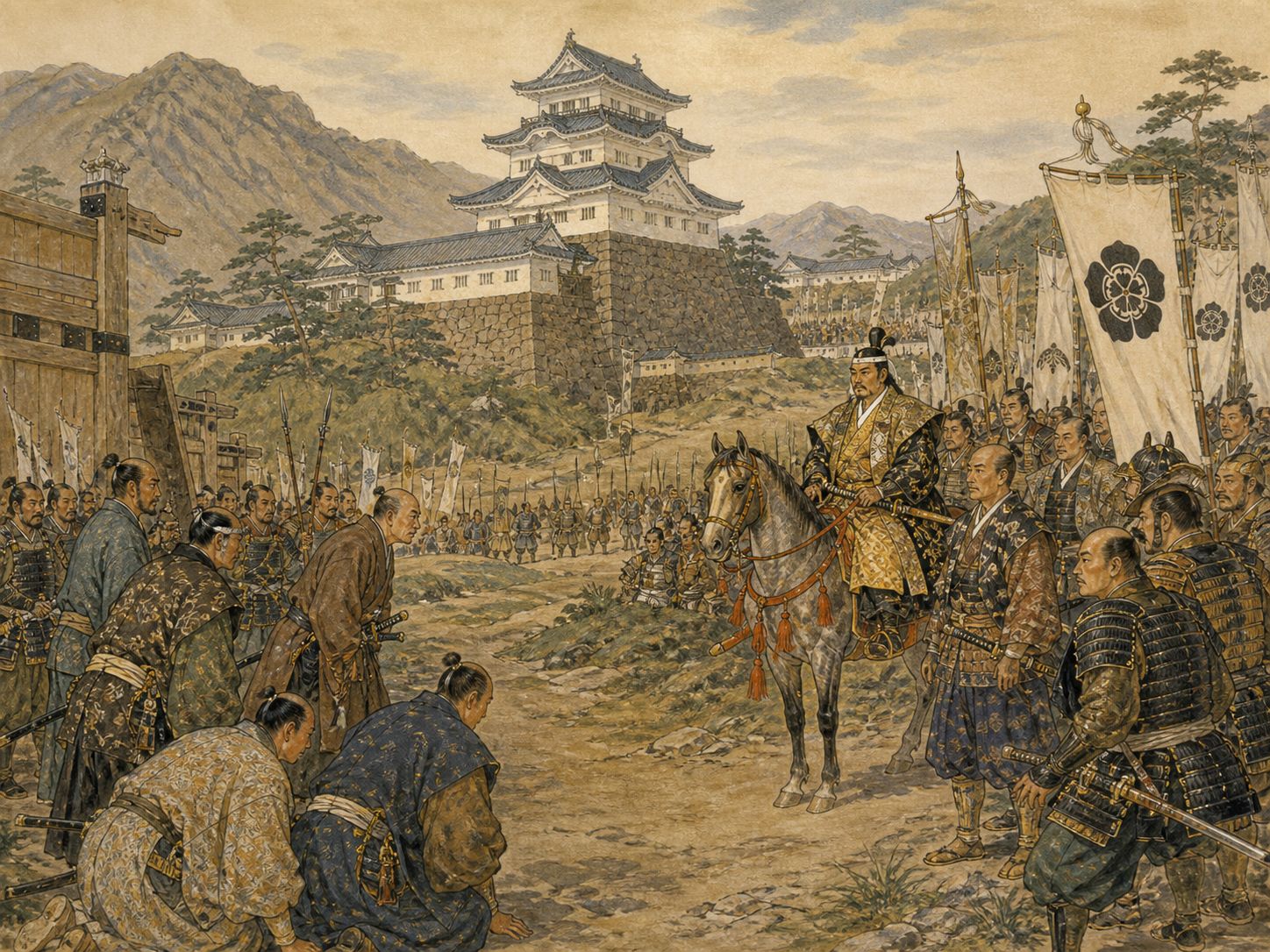 Historical reconstruction of Toyotomi Unification of Japan's central action: A large army advanced into Kanto and besieged Odawara while daimyos in the north and west were pressed to submit.