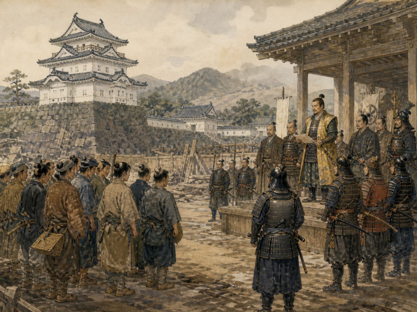 Historical reconstruction of Toyotomi Unification of Japan's immediate aftermath: Sword hunts and the registration of people and land advanced, creating a mobilization system later used for the invasions of Korea.