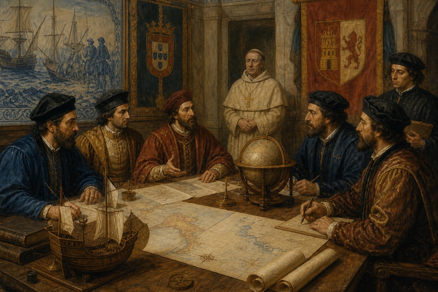 Illustrated reconstruction of Castilian and Portuguese envoys negotiating across nautical charts
