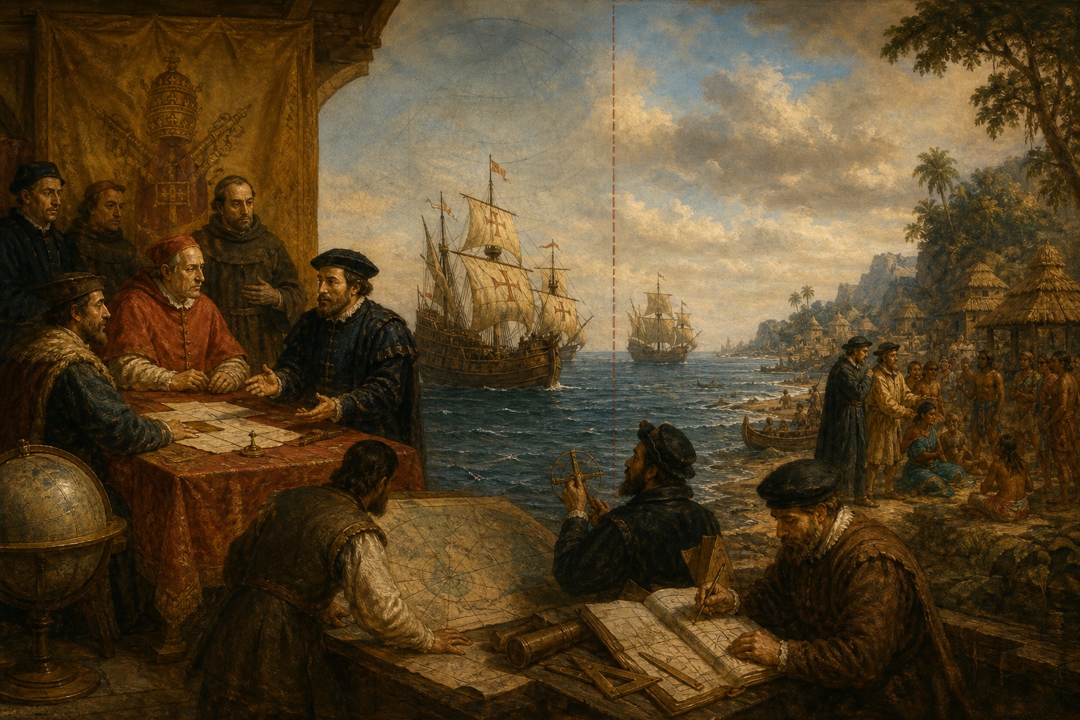Illustrated reconstruction of the significance of Treaty of Tordesillas