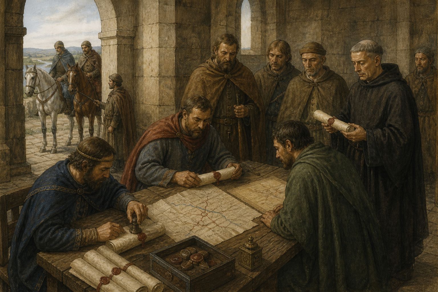 Envoys around maps and wax-sealed documents in a candlelit room