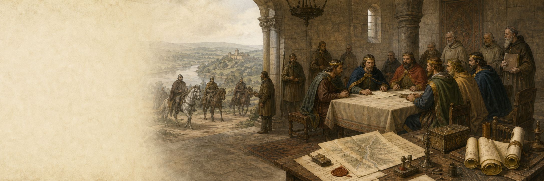 Envoys of three kings gathered around maps and sealed documents during the Treaty of Verdun