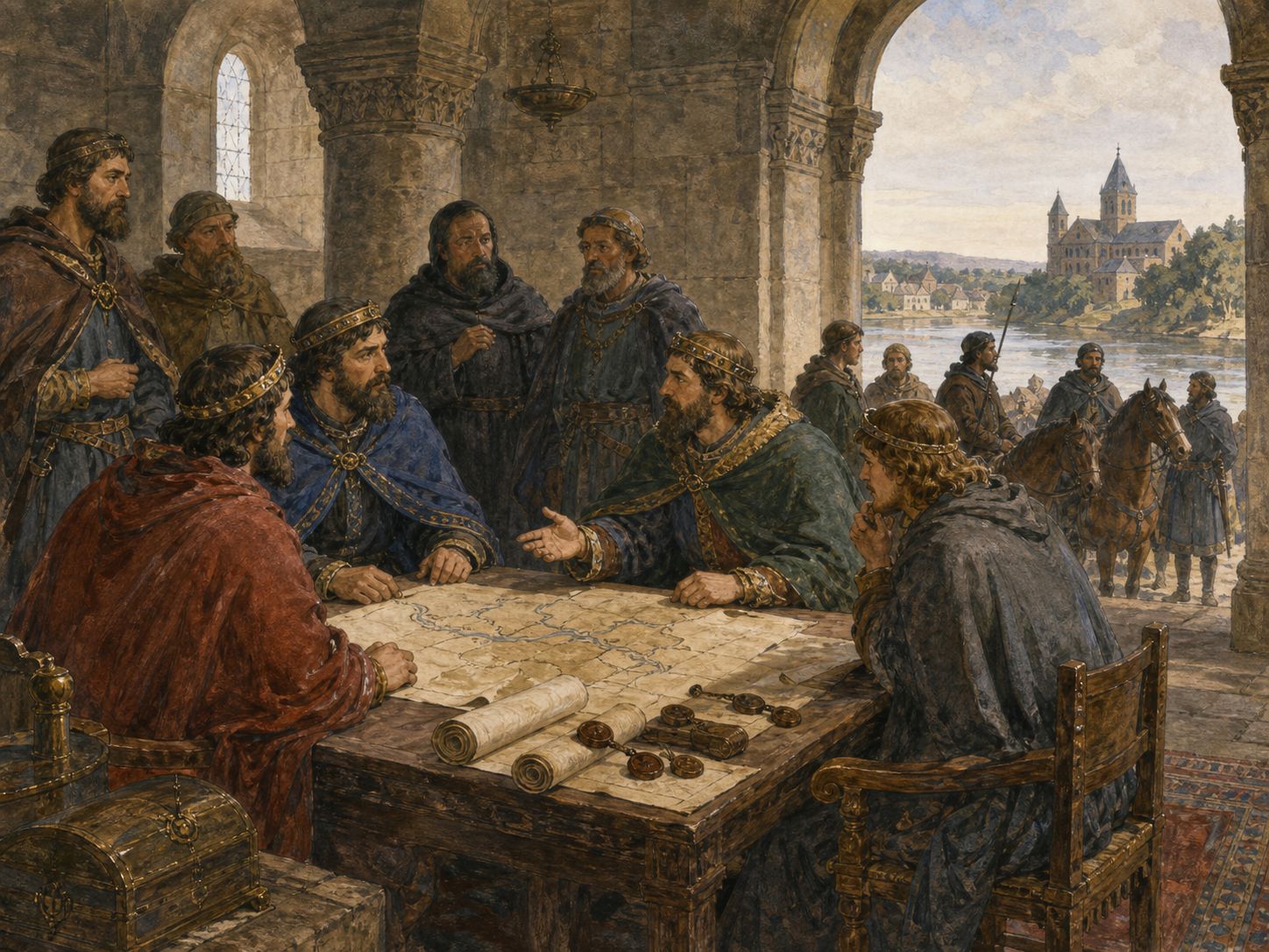 Envoys negotiating territory before maps and wax-sealed documents