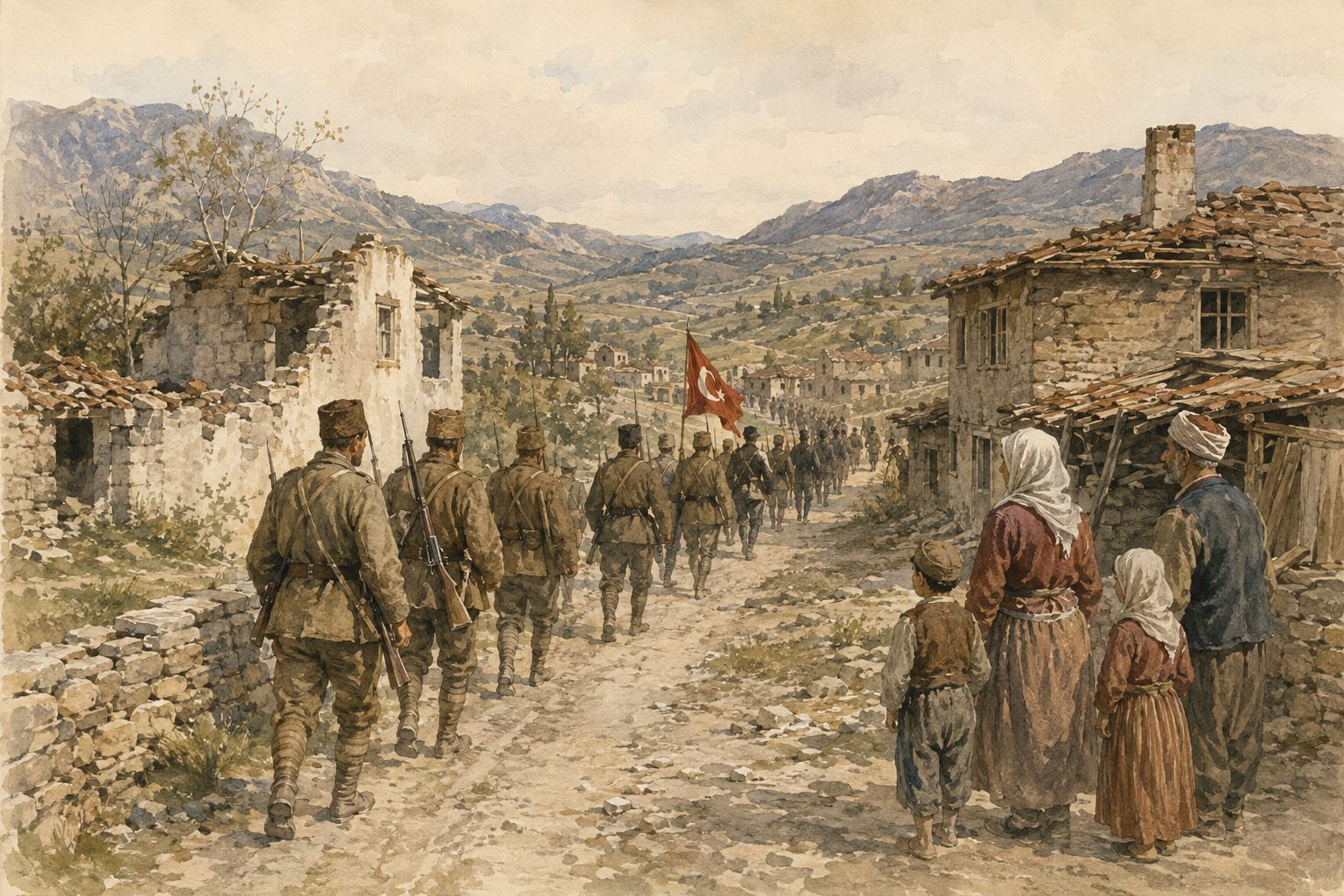 Soldiers pass through a mountain village as residents watch after the war