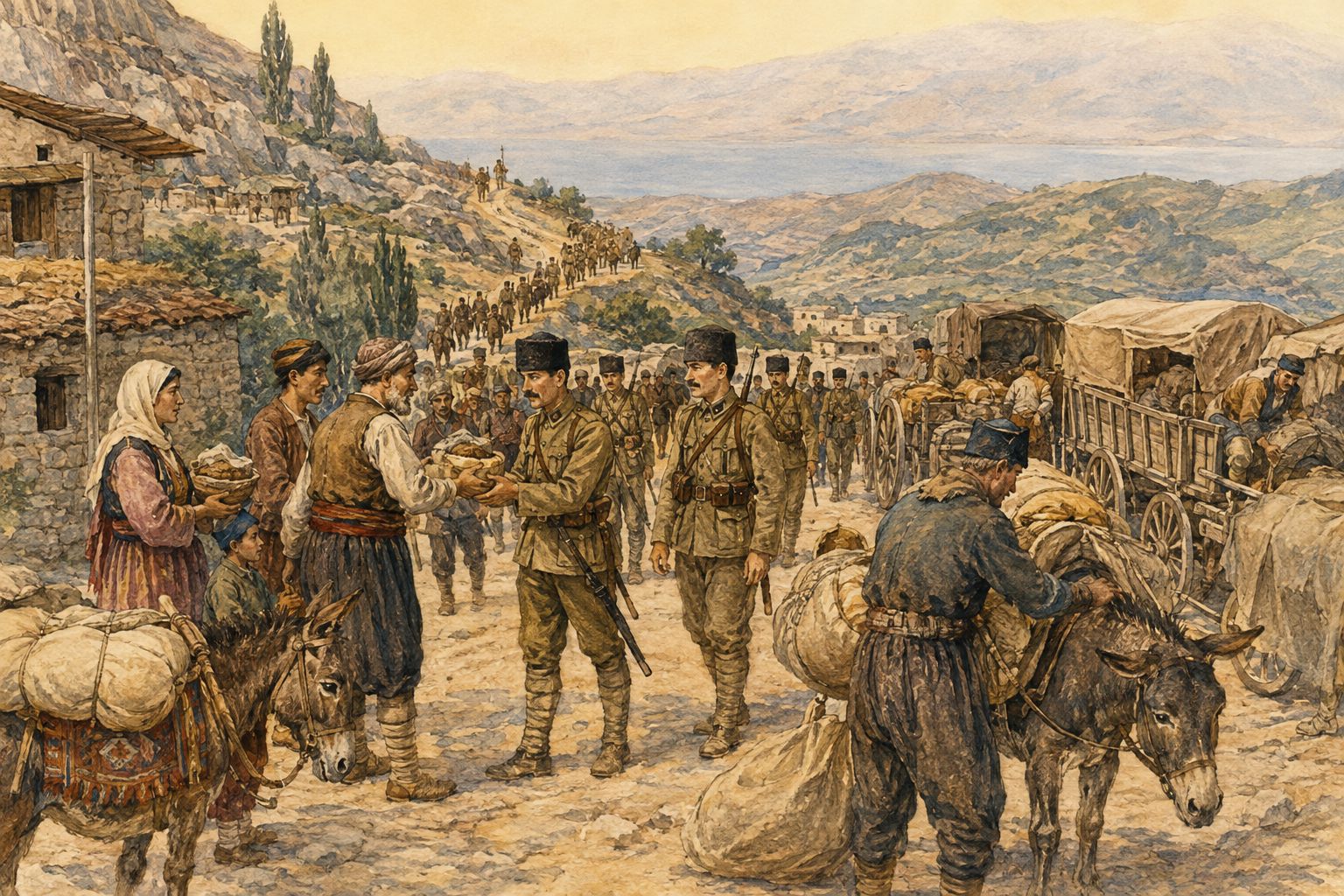 A supply wagon and soldiers pass through an Anatolian settlement