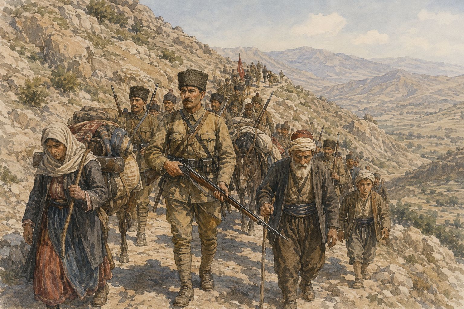 National forces carrying the Turkish flag advance along a mountain road