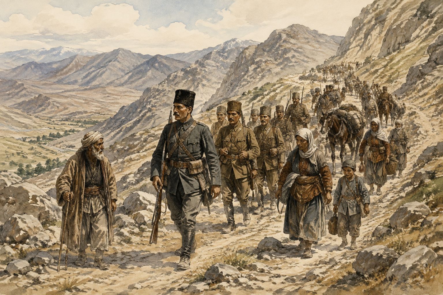 Anatolian landscape with soldiers and displaced civilians on a mountain road