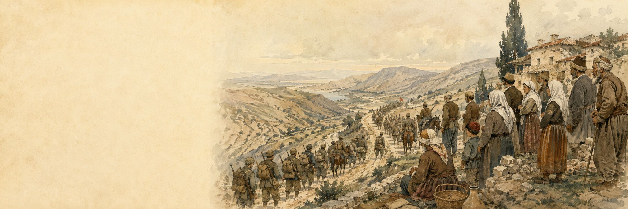 Leaders watch a national force and civilians advance along a mountain road