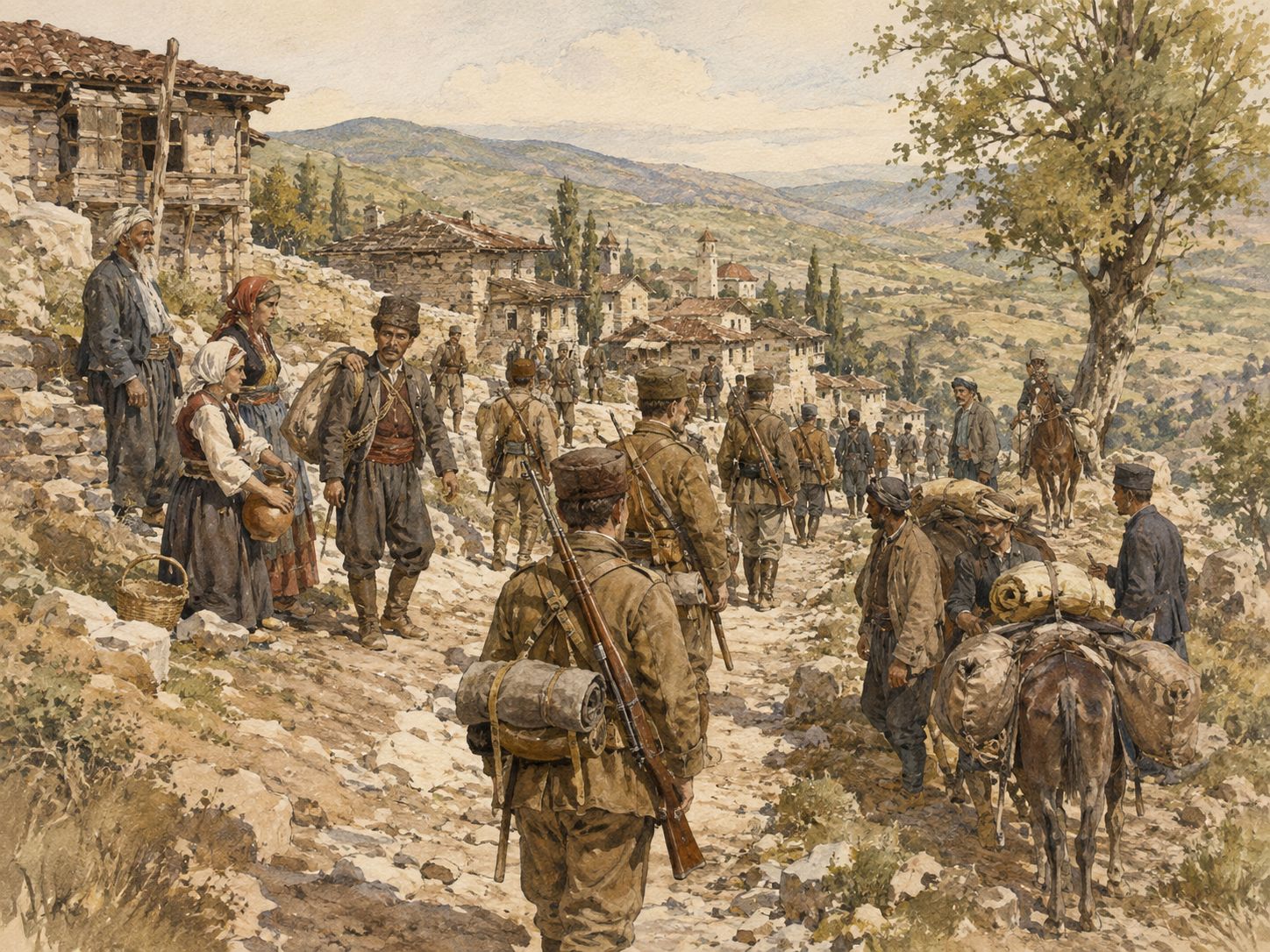 Civilians and soldiers carry supplies through an Anatolian mountain village