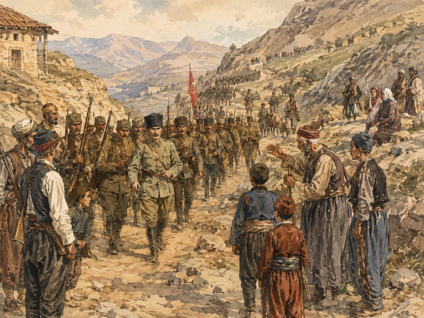 National forces carrying the Turkish flag advance with civilians along a mountain road