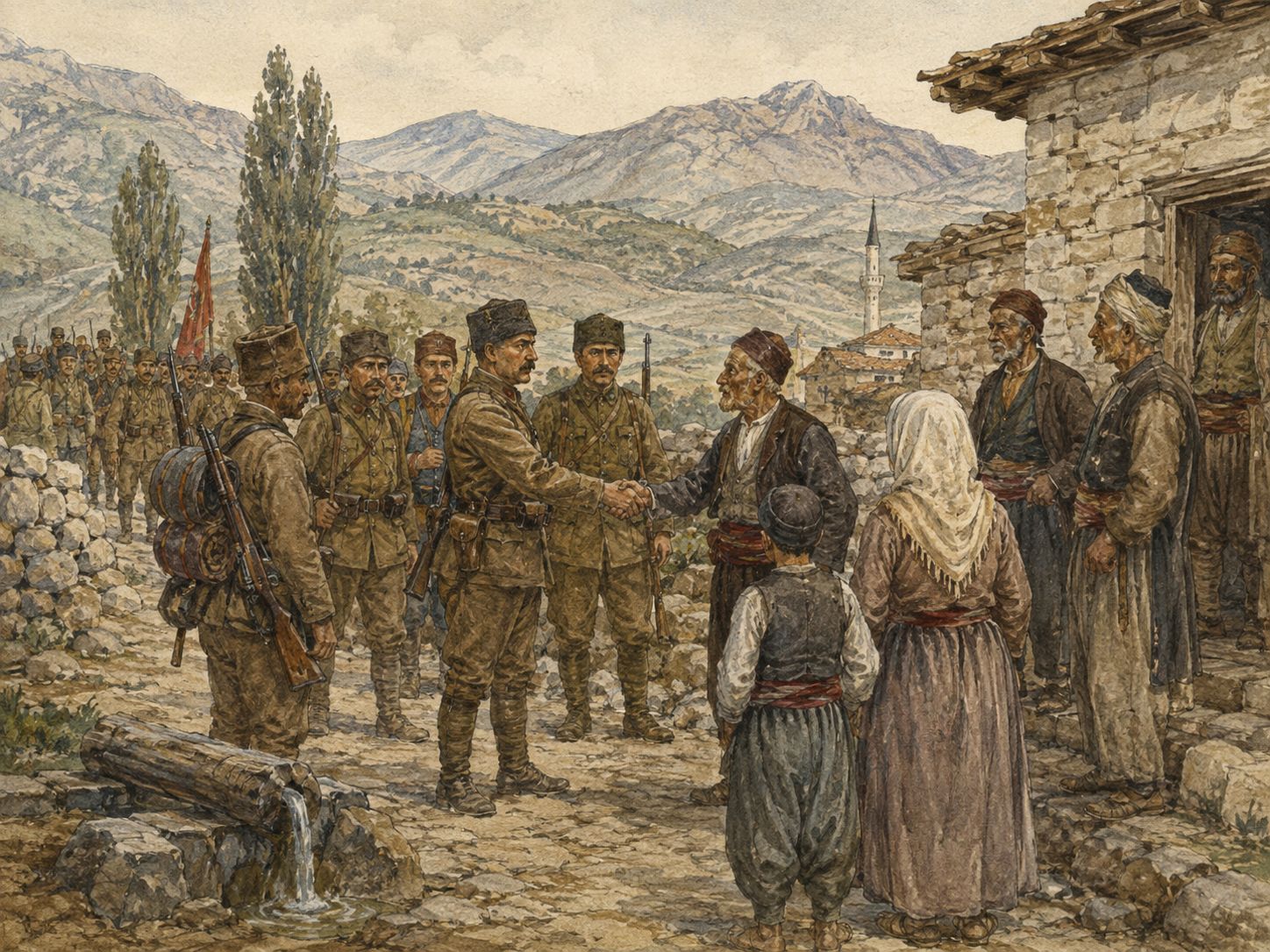 Nationalist soldiers check supplies and routes with villagers