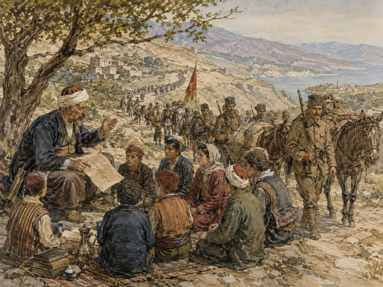 People pass the memory of independence to soldiers and civilians on a mountain road
