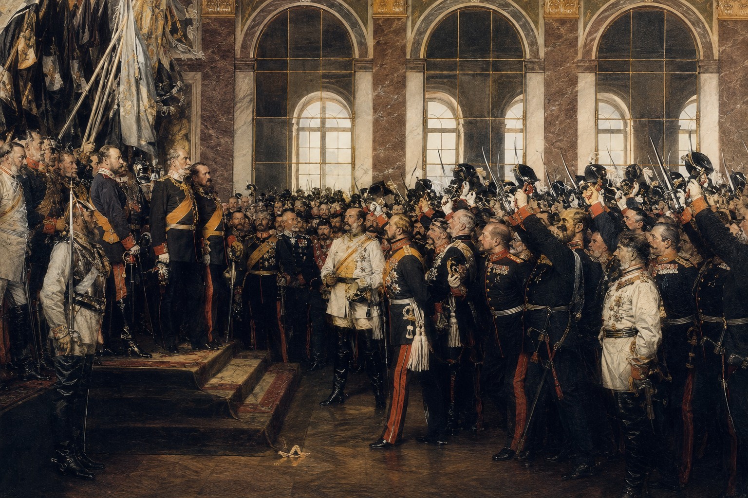 Delegates watching an imperial proclamation in a grand hall