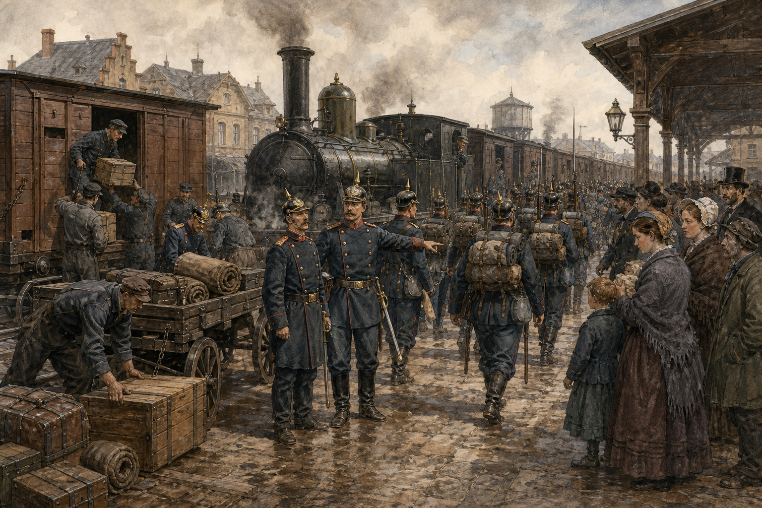 Soldiers and supplies leaving a railway station for the front