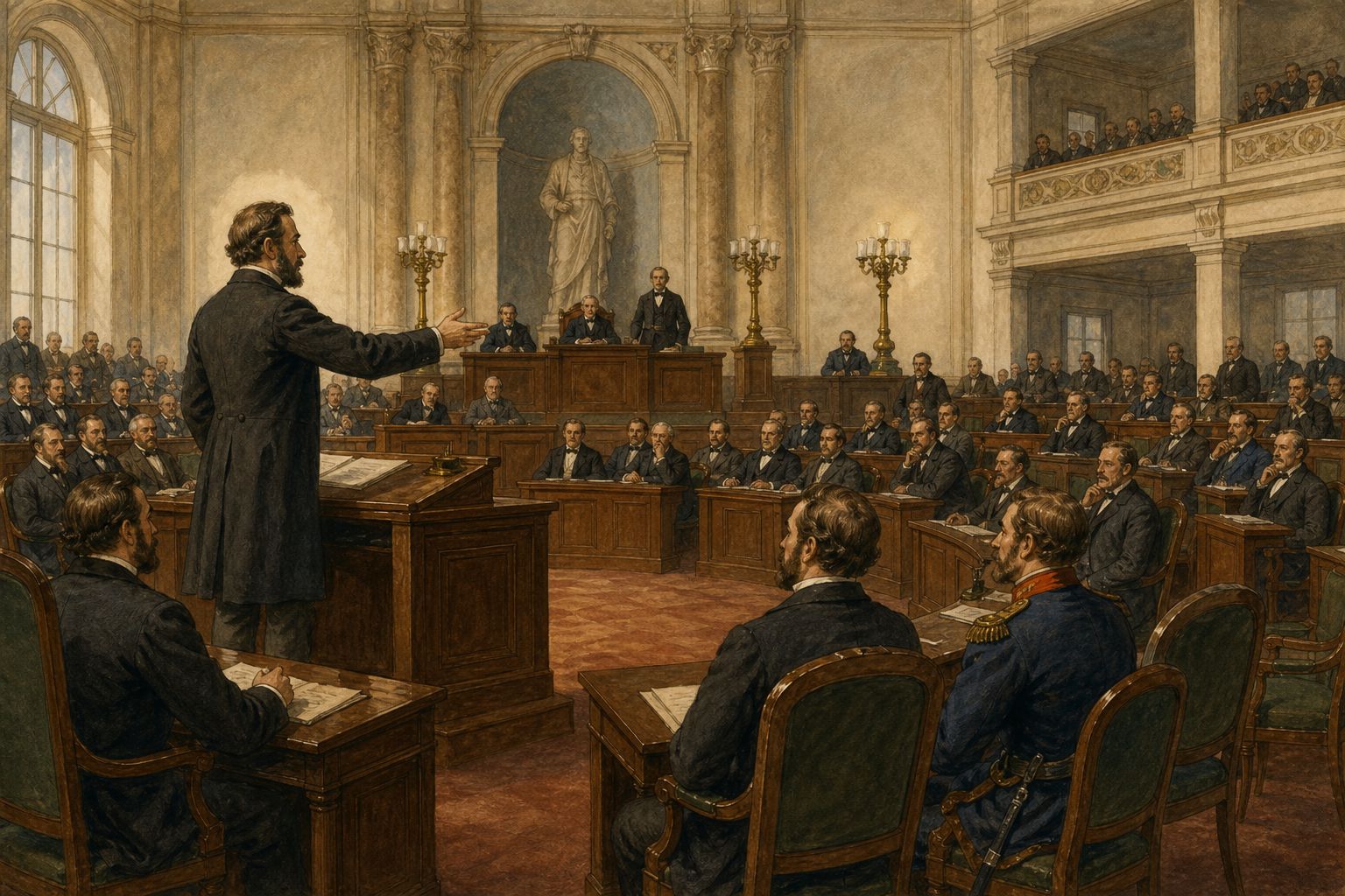 Nineteenth-century representatives debating a constitution
