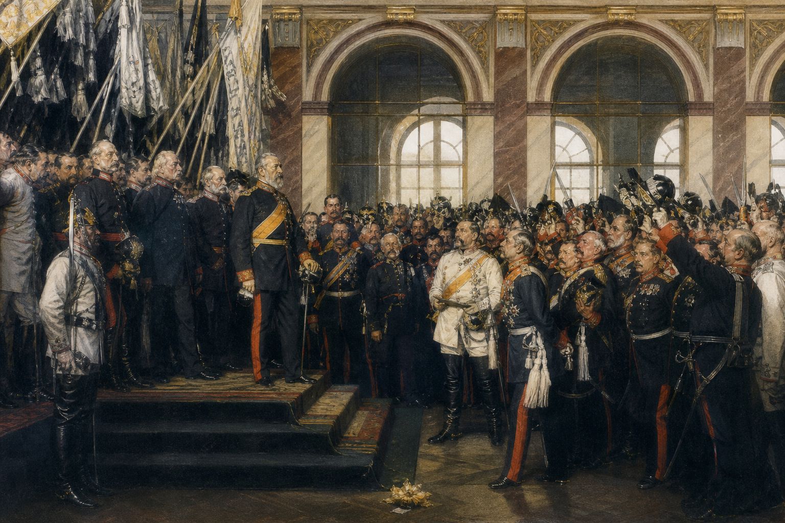 Diplomats studying a map between two military standards