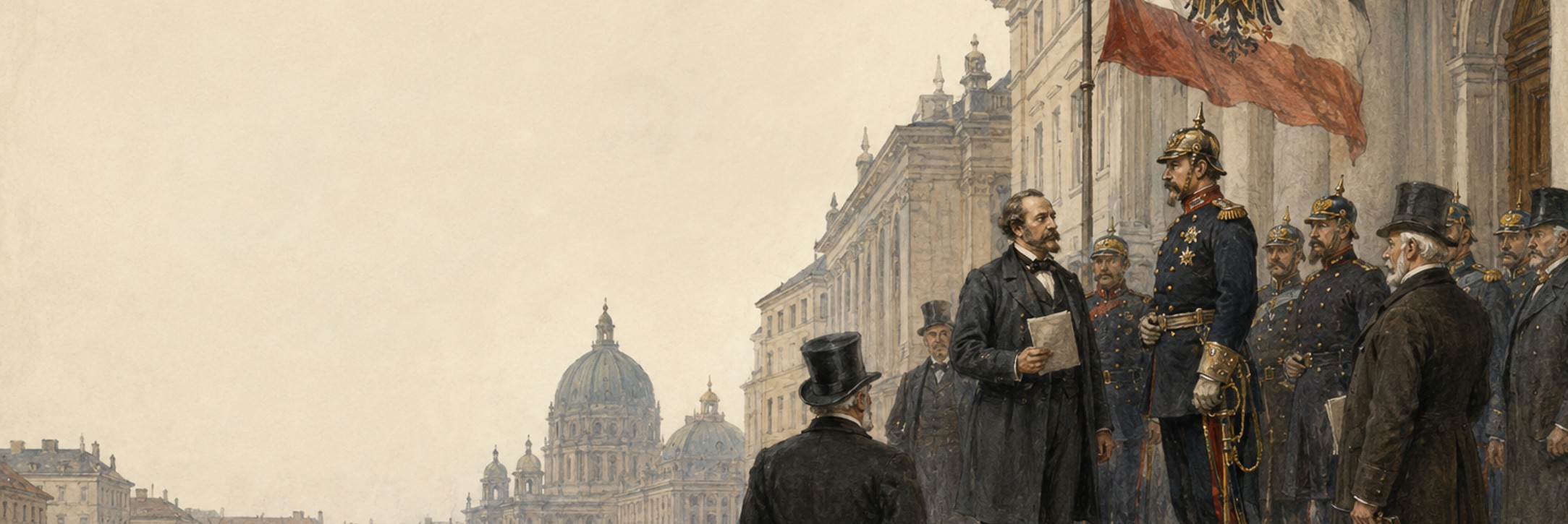 Politicians debating German unity with an assembly and railway landscape behind them