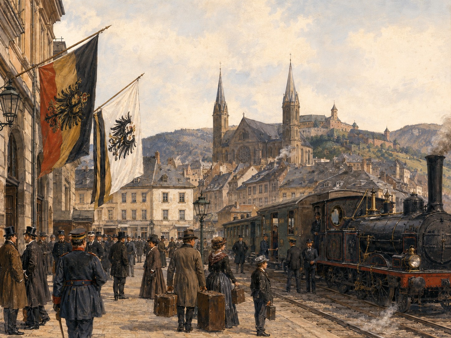 A nineteenth-century German city where state banners meet new railways