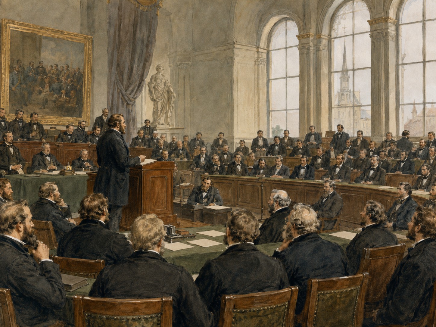 Delegates debating a constitutional proposal in an assembly hall