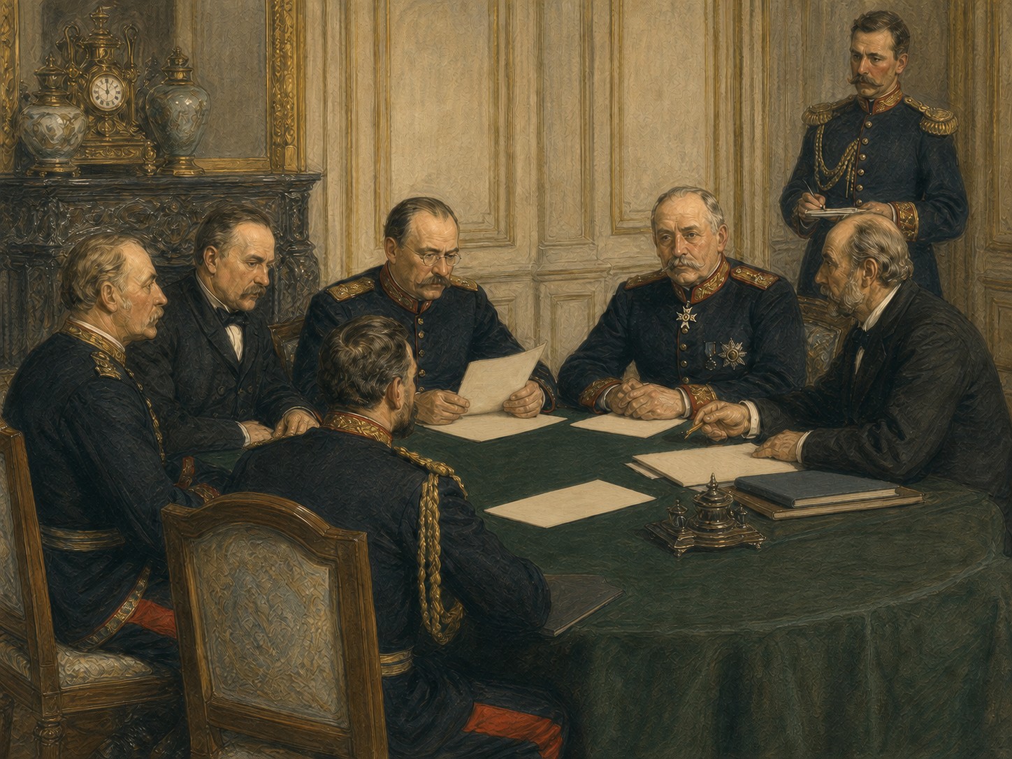 Envoys negotiating with uniforms and documents before them