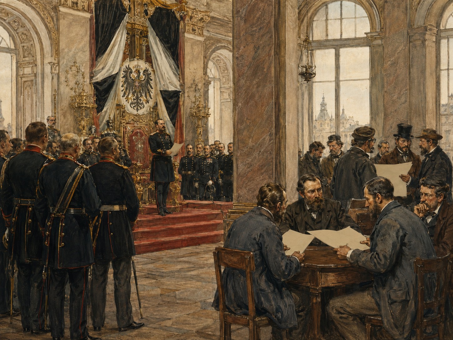 An imperial hall announcing unity while a new civic society emerges