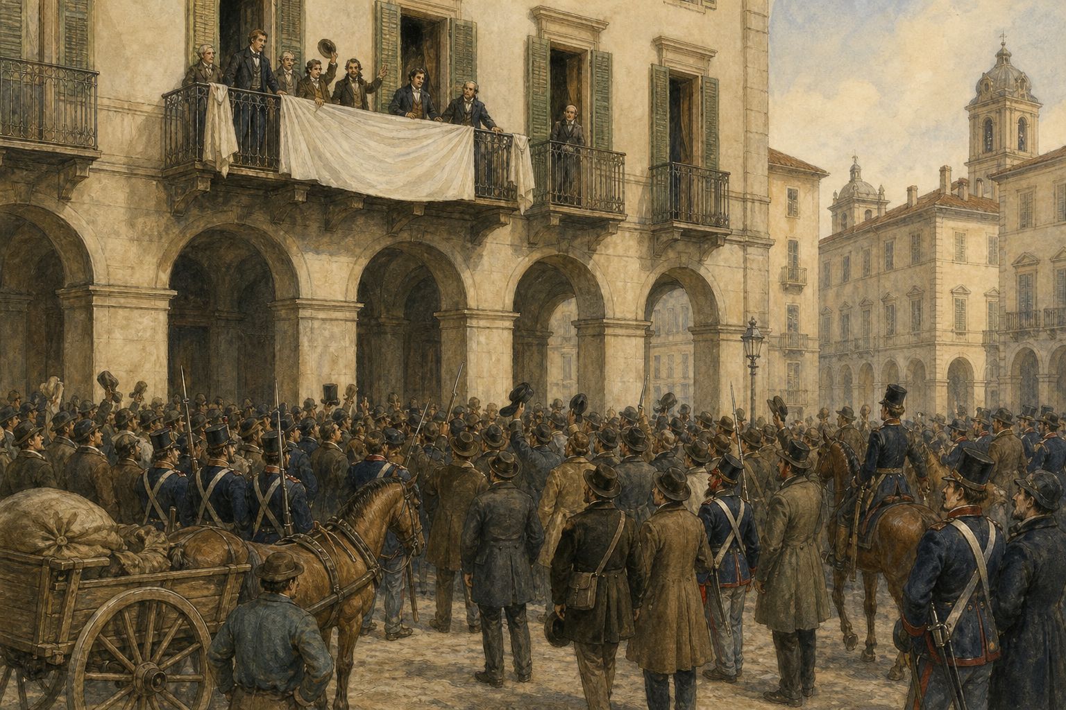 The revolutions of 1848: Movements for constitutions and national unity intensified across Italy, opening a new phase of the Risorgimento.