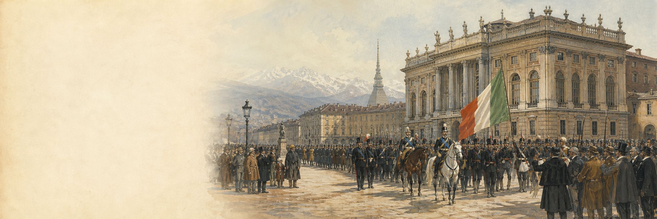 A civic and military procession in Turin during Italian unification