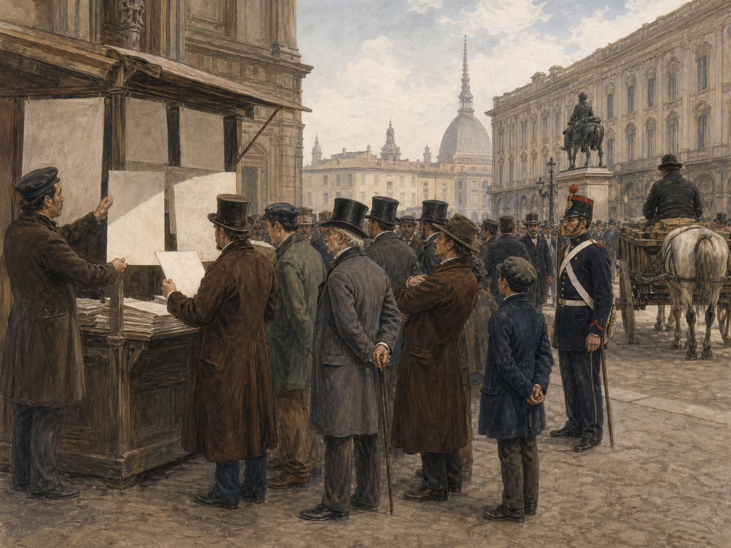 Citizens reading broadsides in Turin during the unrest of 1848