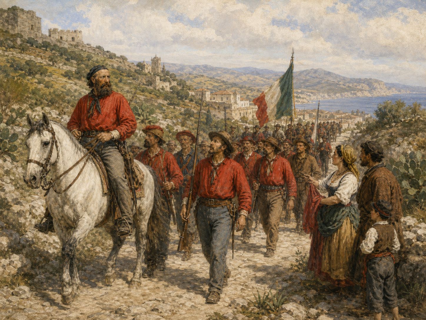 Red-shirt volunteers moving through the Sicilian hills